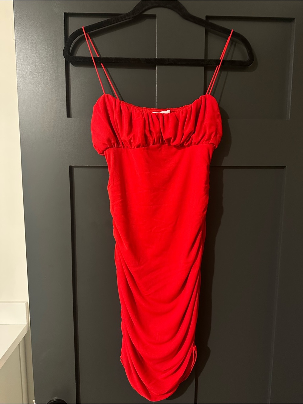 Princess Polly Red Ruched Mini Dress with Double Spaghetti Straps
